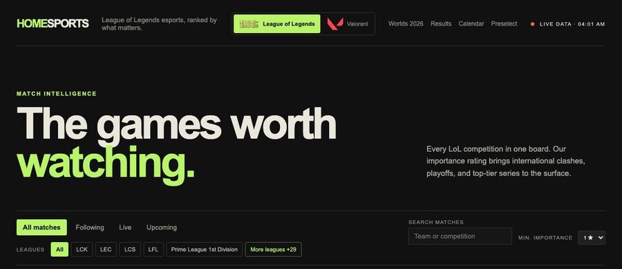Screenshot of the HomeSports live build